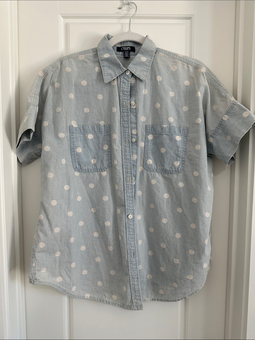 Chaps Denim Light Wash Polka Dot Chambray Button Down Shirt Size S